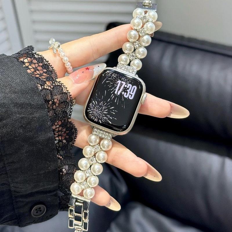 Pearl Beaded Bracelet for Apple Watch Band 49/46/45/44/42/41/40/38mm Women Chic Diamond Metal Wristband Strap for iWatch S10 9 8