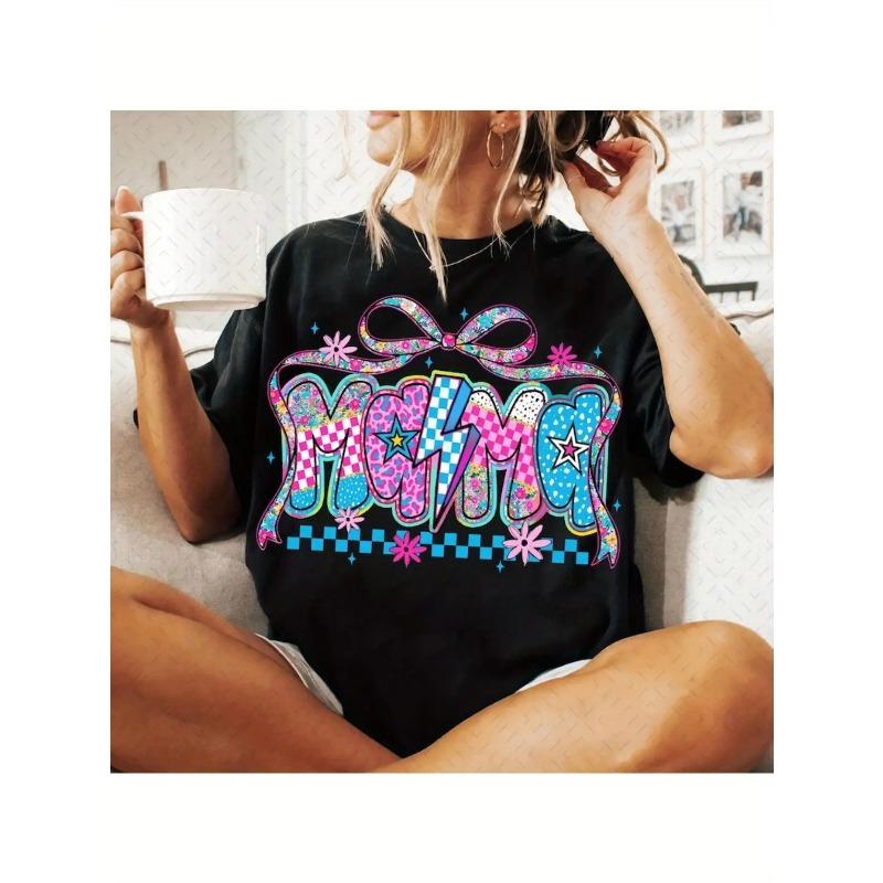 

European Size Women S Plus Size Graphic T-Shirt - Mama Birthday Mother S Day Gift Idea - Black Shirt with Pink Floral, Retro Checkered, Leopard Print 4XL чорний