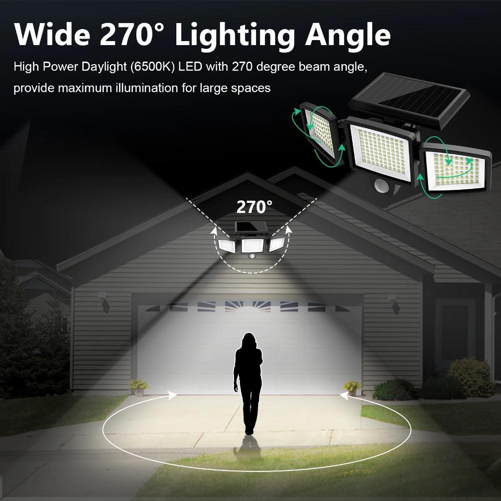 208LED Solar Outdoor Lights Security Lights with Remote Control 3 Heads Motion Sensor IP65 3 Modes Waterproof Flood Wall Lights