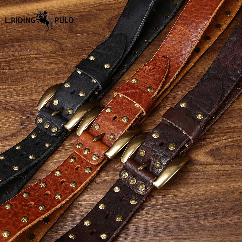 Punk-style Studded Leather Belt for Men Genuine Leather with Pin Buckle Washed, Vintage, Distressed Finish, Pure Cowhide, Unique Casual Denim Belt.