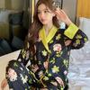 Women's Floral Ice Silk Pajamas Set - Long Sleeve, Plus Size, Light Luxury Jacquard Design