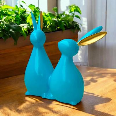 Rabbit/Bunny Couple Showpiece for Home Decor Living Room - Office Table Decor Statue - Decorative Polyresin Figurine (20.3 Cm, Aqua Blue)