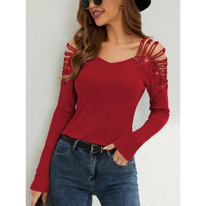 Women's New Fashion Lace Splicing Heavy Iron Drill V-neck Empty Long-sleeved T-shirt