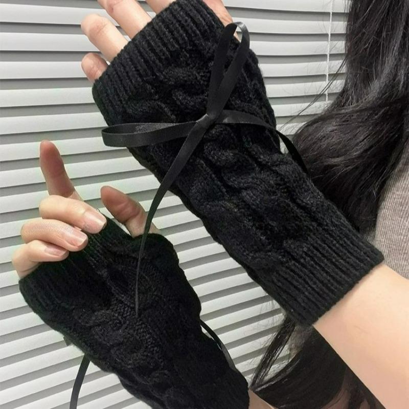 Korean Knitted Gloves Women's Bow Hand Warmer Winter Gloves Fashion Black Pink Knitted Thicken Mitten Fingerless Mittens