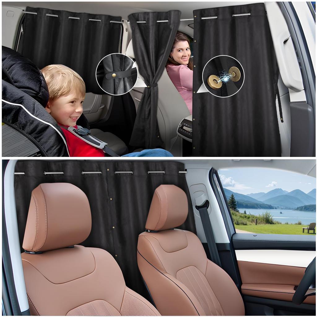 ZATOOTO Car Curtains with Extendable Suede Side Curtains for Room Easy UV Disaster Privacy Set of Black Rods, Dividers, Blackout, Sunshade,