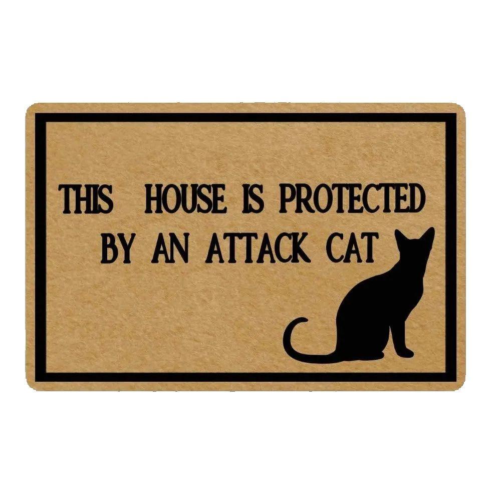 Dit Huis Wordt Beschermd door een Aanvals Kat Deurmat Rubber Badkamer Keukenmat Tuin Garage Deur Vloermat Antislip Tapijt 23.6x15.7 Inch