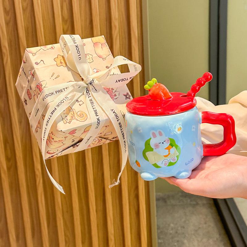 Cute and high-value radish rabbit ceramic cup with lid spoon girl couple mug for girlfriend birthday gift