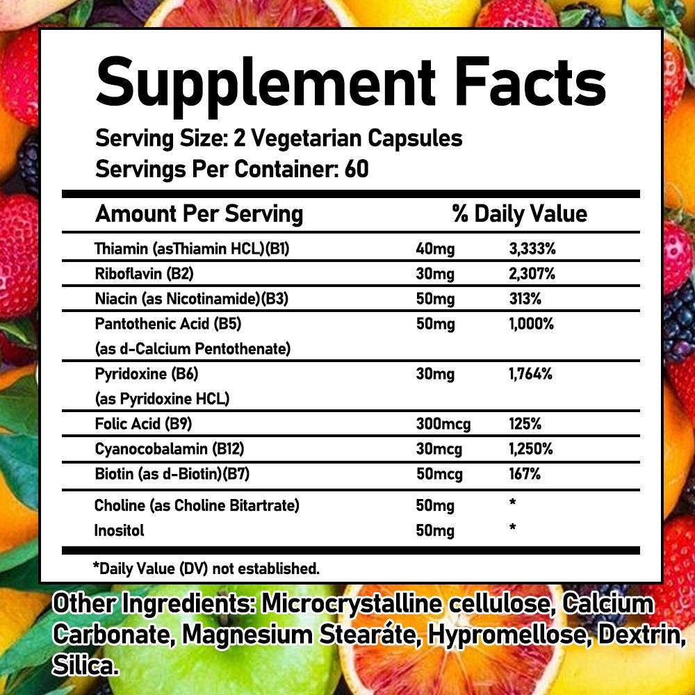 Bcuellov Vitamin B Complex Dietary supplement - With biotin, inositol, and choline -120 Vegetarian Capsules