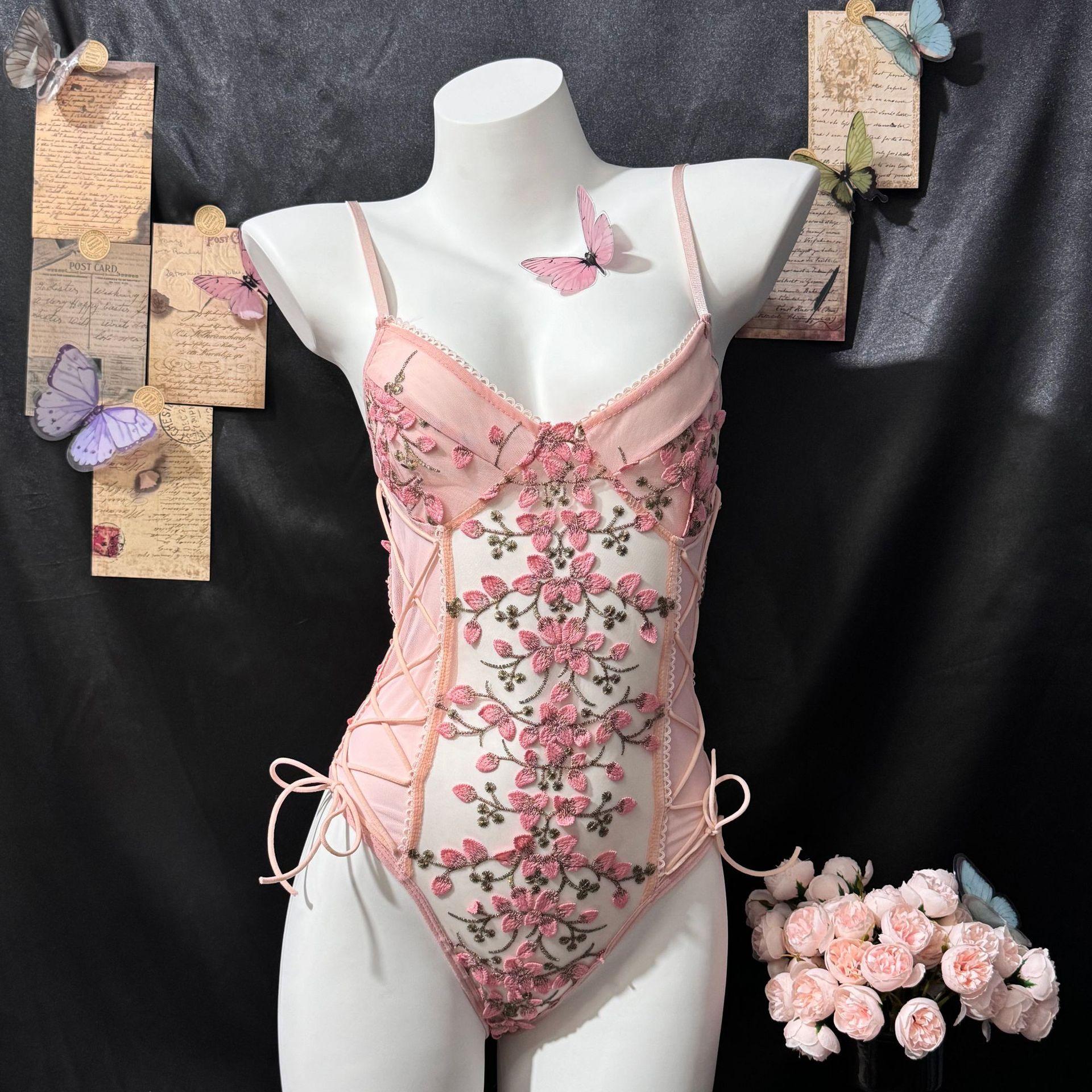 Sexy underwear new sexy mesh embroidered loungewear women s suspender onesie passion mesh yarn One size fits all розовый