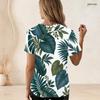 Women Plus Size U Neck Short Sleeve Tropical Leaf Printed White Curved Hem T Shirt