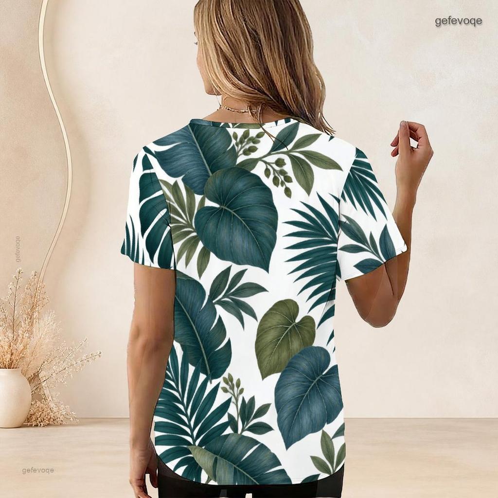 Women Plus Size U Neck Short Sleeve Tropical Leaf Printed White Curved Hem T Shirt