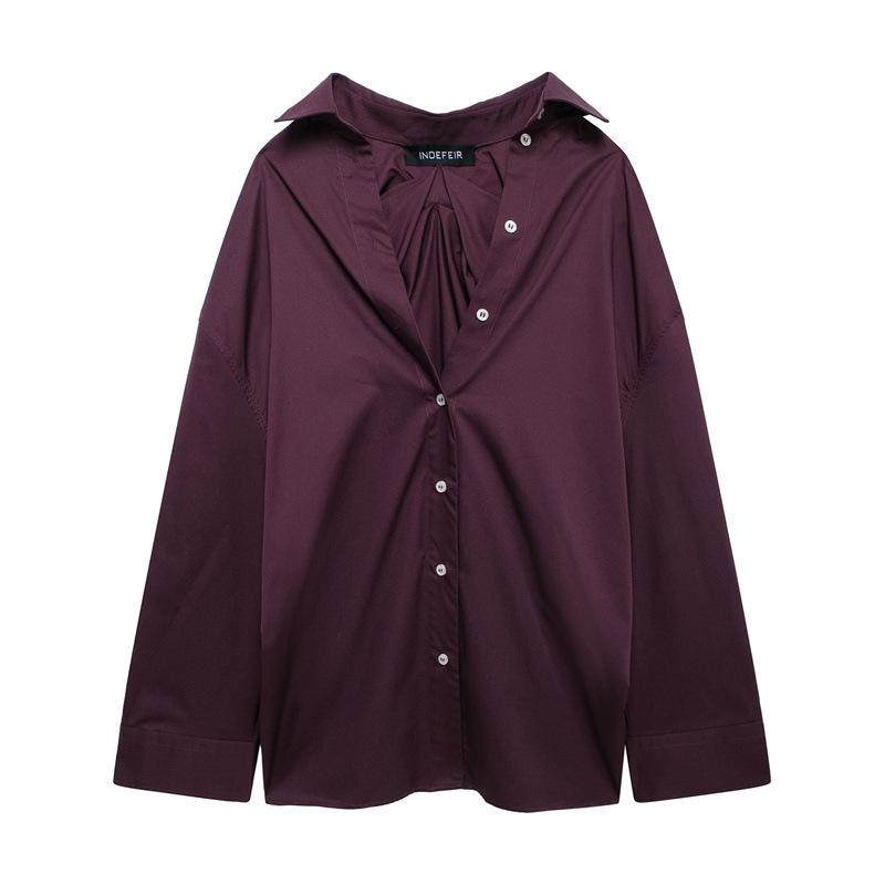 Women's 2024 Autumn Retro Loose Long Sleeve Solid Color Casual Shirt - European & American Style