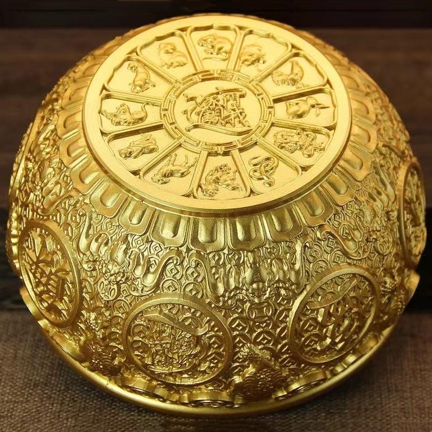 Brass Bowl,Engraved Golden Toad Treasure Basin,Copper Jar With Lid for Attracting Wealth Good Fortune, Home Desktop Decoration