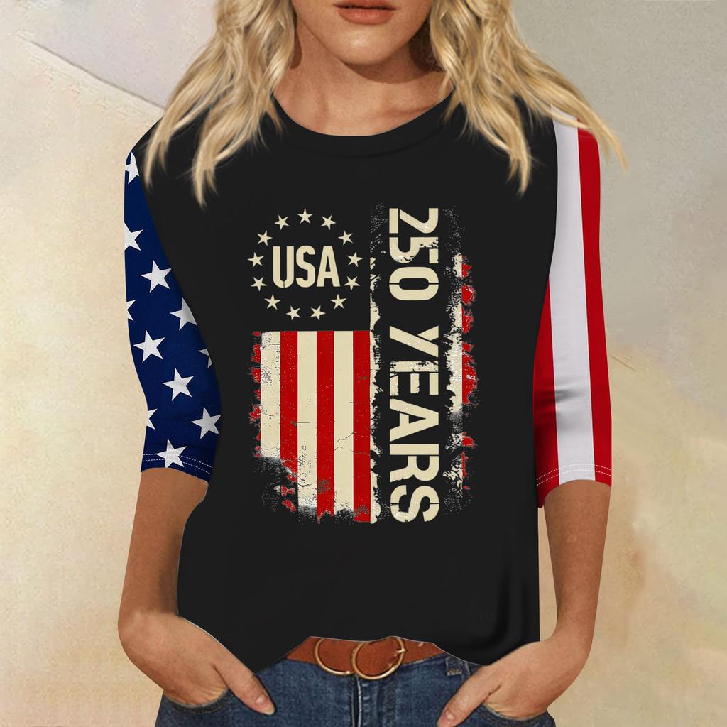 Women's Fashion Casual Seven-Sleeve Independence Day Print Round Neck Top