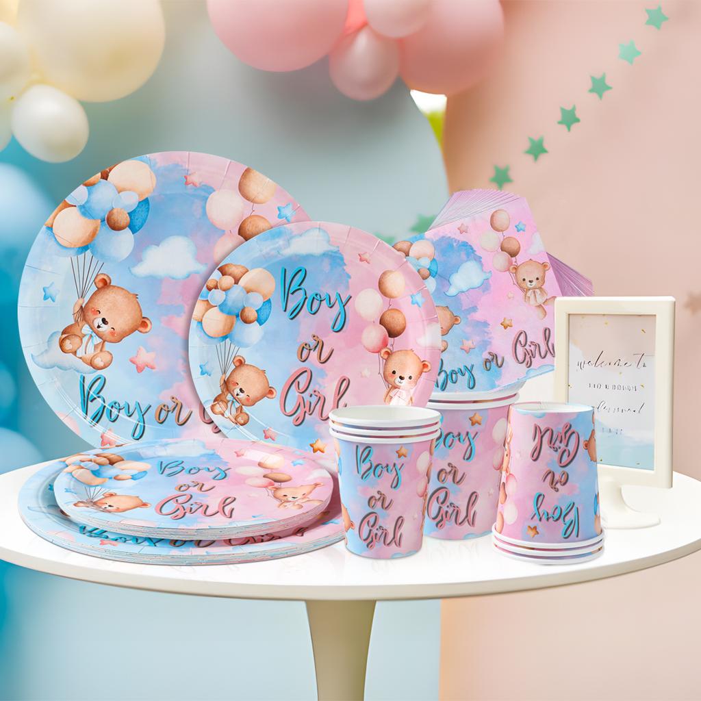 Pink Blue Teddy Bear Disposable Tableware Set Boy or Girl Paper Napkin Plate Gender Reveals Baby Shower Party Decor Supplies