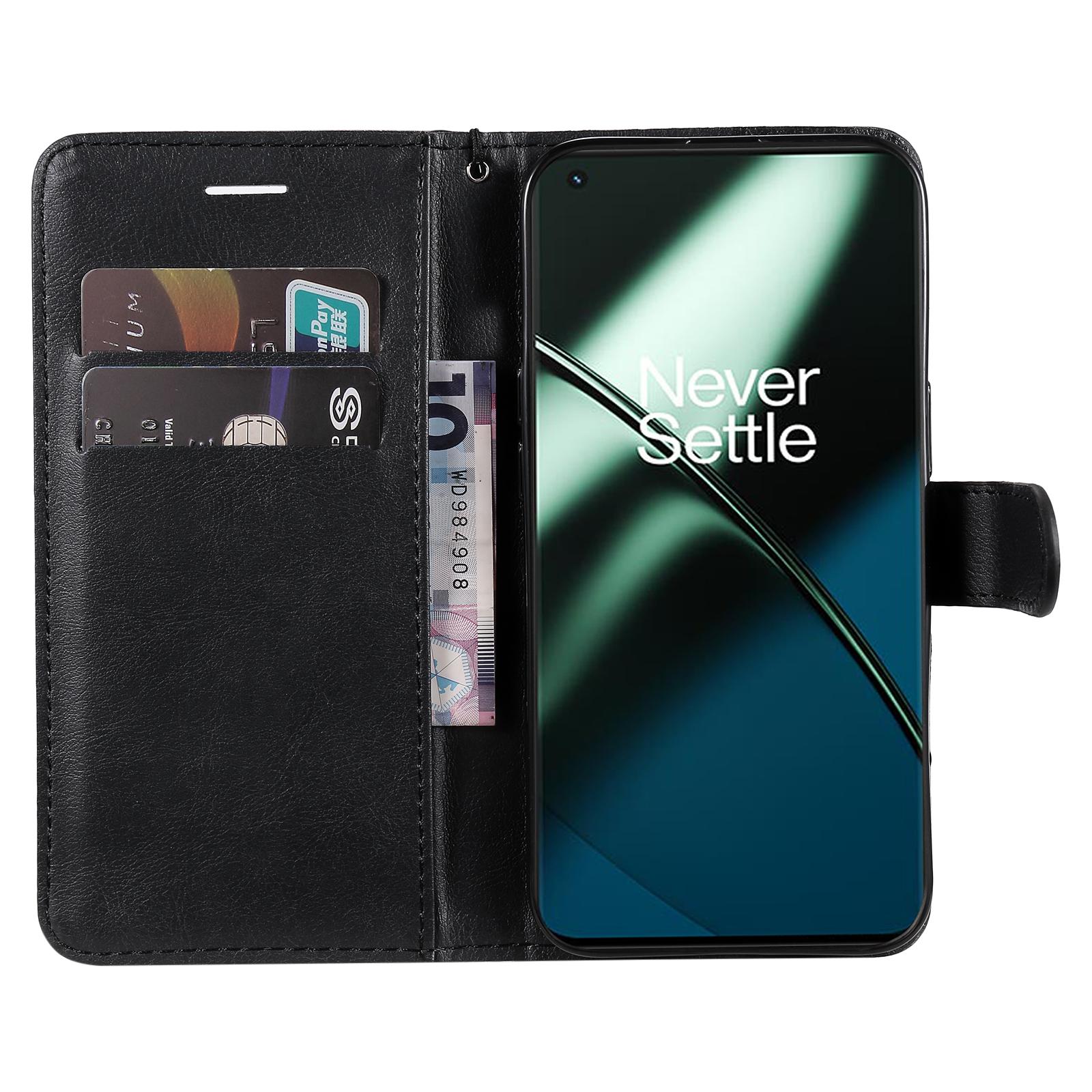 

For OnePlus 11 5G Case Solid Color Leather Mobile Cover Wallet Stand with Strap Black