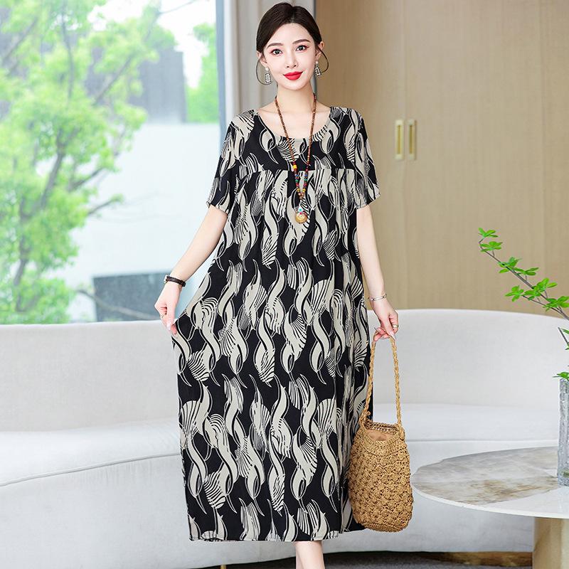 Cotton Silk Dress Women's Summer Large Size Temperament Loose Printing Casual Cotton and Linen Long Skirt