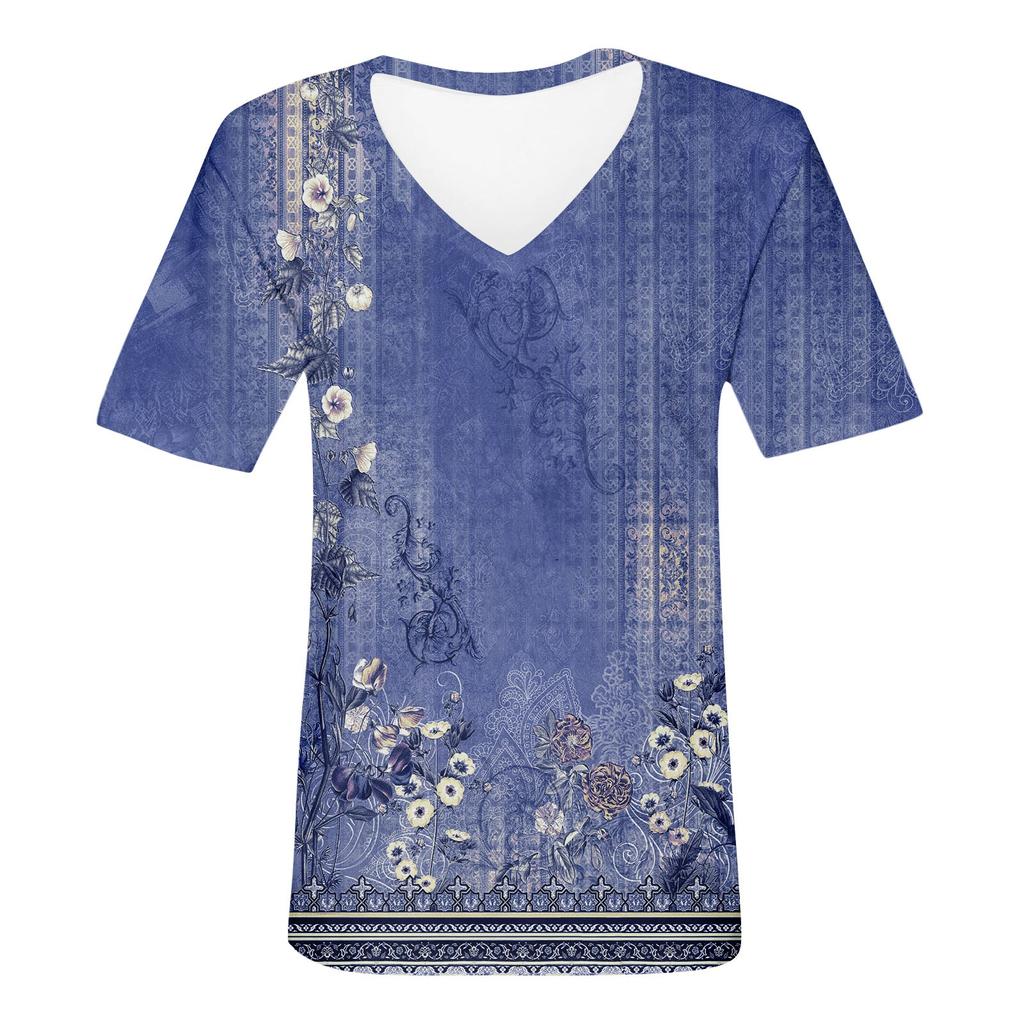 Chemisier à manches courtes et col en V pour femme, mode décontractée, imprimé, été