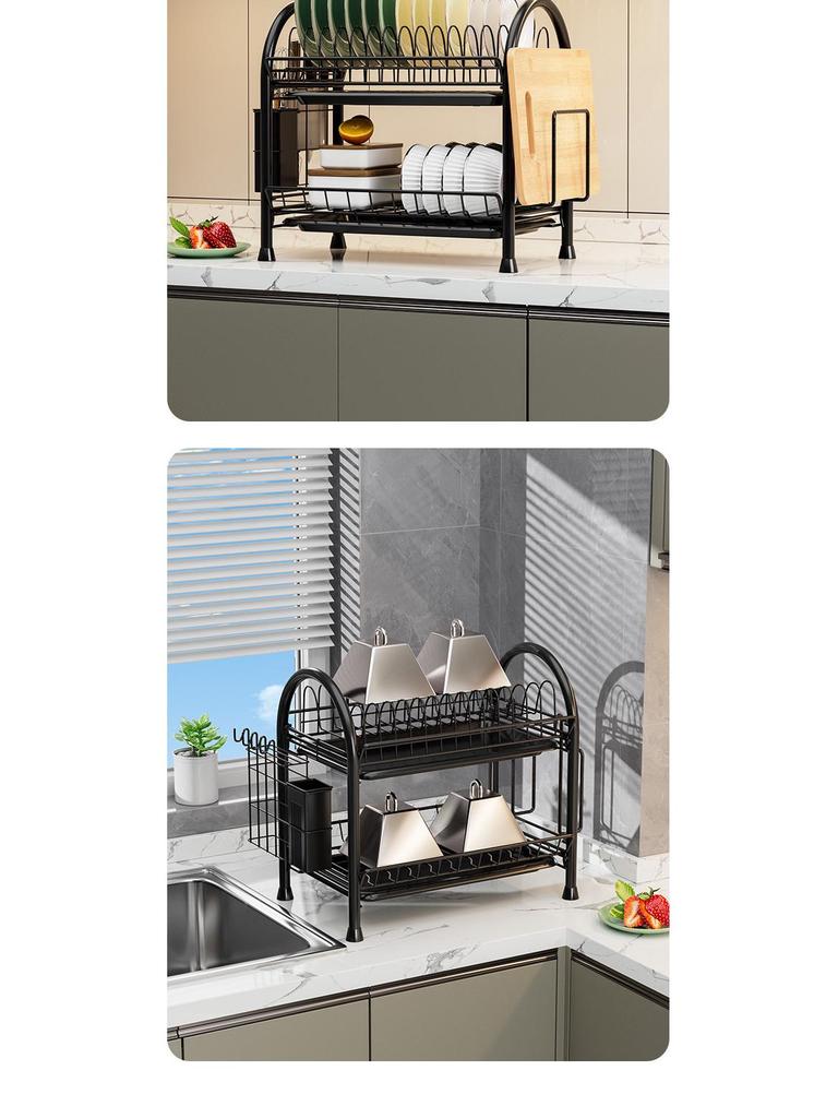 Kitchen Countertop Dish Drying and Storage Rack with Basket for Plates and Utensils
