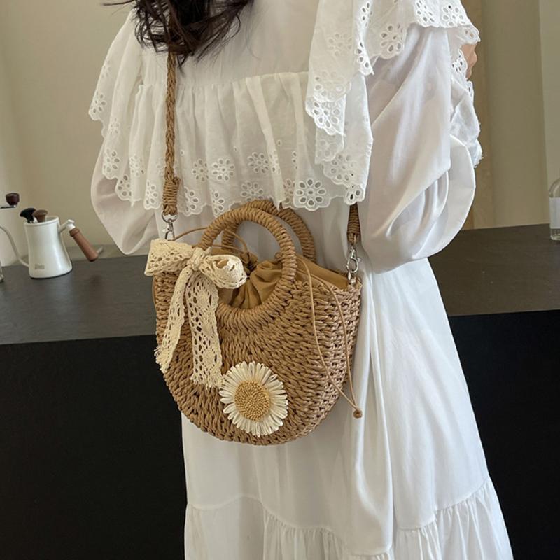 Yogodlns Women Straw Summer Beach Small Drawstring Shoulder Bag Fashion Woven Floral Decor Travel Half-moon Crossbody Bag