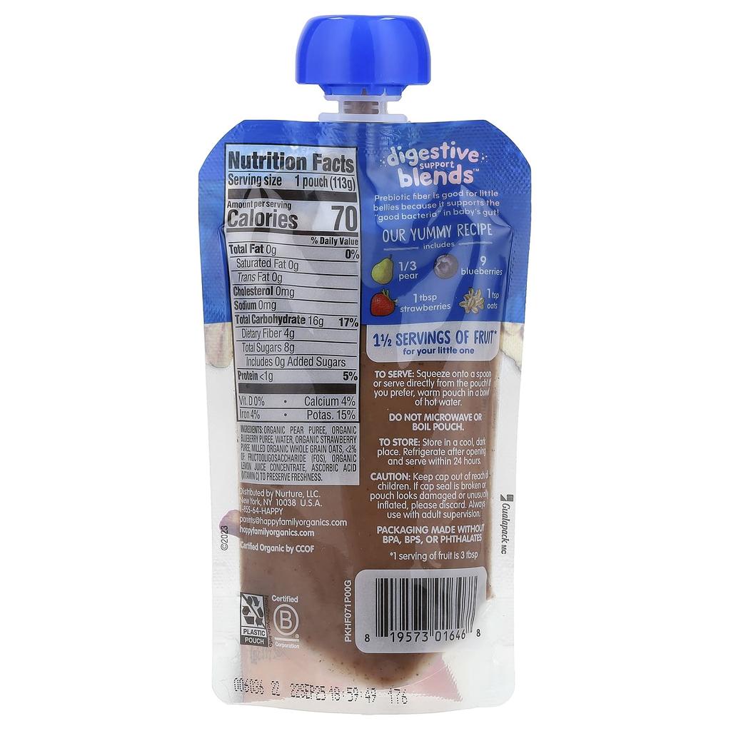 Happy Family Organics Happy Baby®, Digestive Support Blends™, 6+ Months, Organic Pears, Blueberries, Strawberries, Oats, 4 Oz (113 G)