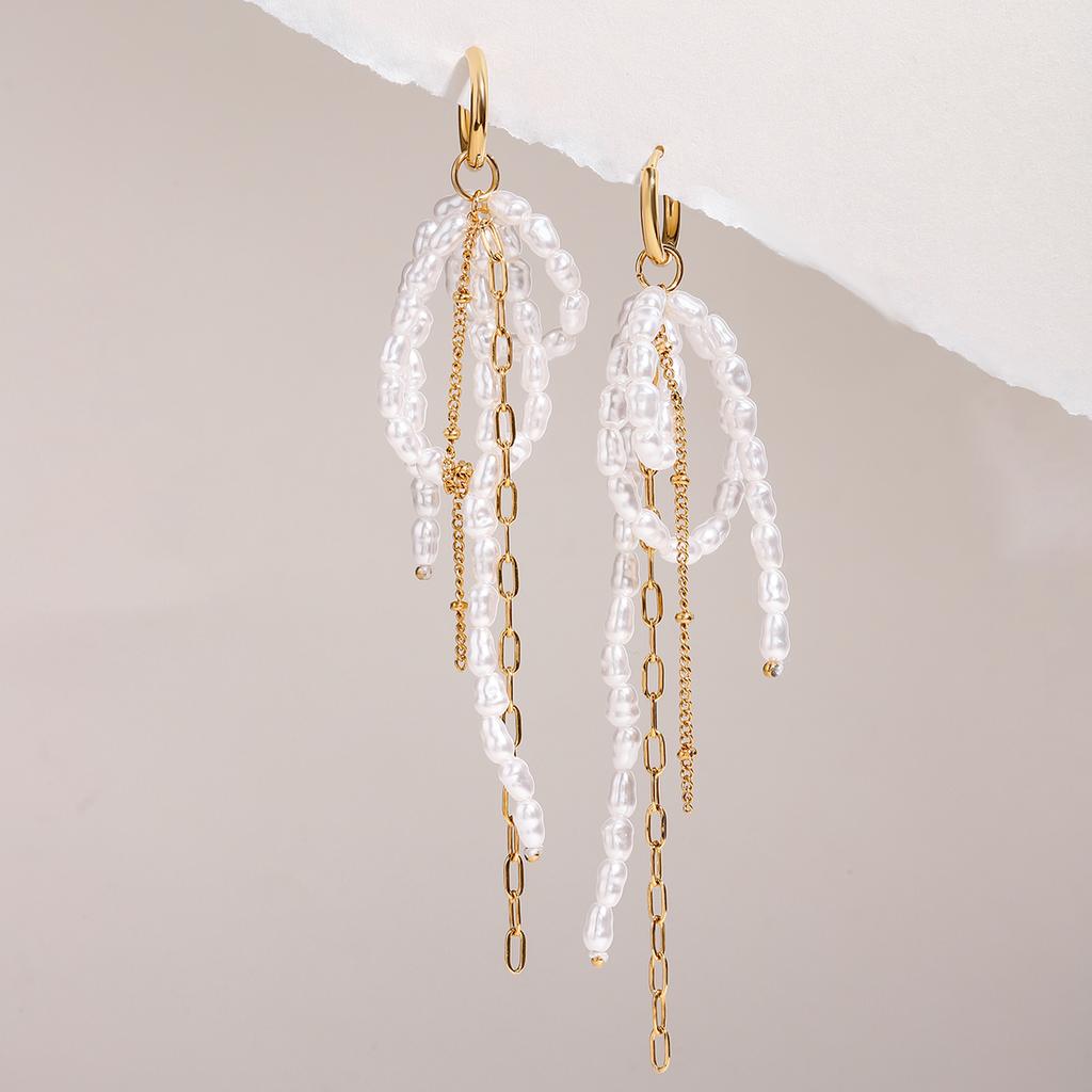 Youthway Elegant Versatile Gold Plated Stainless Steel Imitation Pearl Bow Tassel Earrings Anti Allergic Women Chic Jewelry