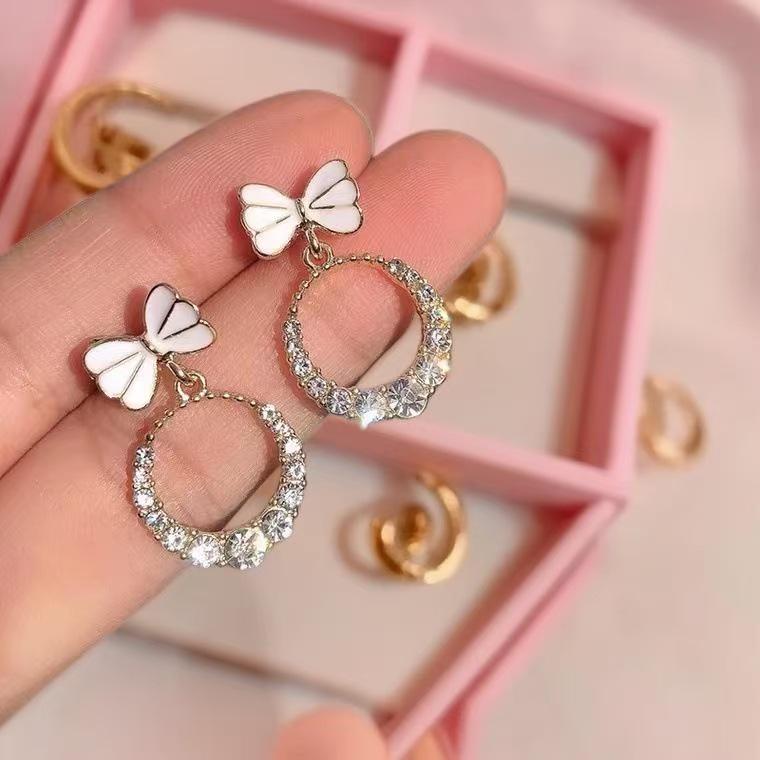 Elegant Rhinestone Bow Earrings for Women - Hollow, Round Design