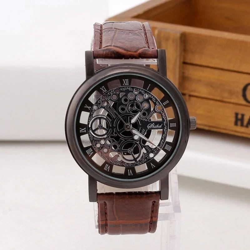 Módní Business Skeleton Hodinky Pánské Gravírování Duté Reloj Hombre Společenské Křemenné Náramkové Hodinky Kožený Řemínek Dámské Hodinky