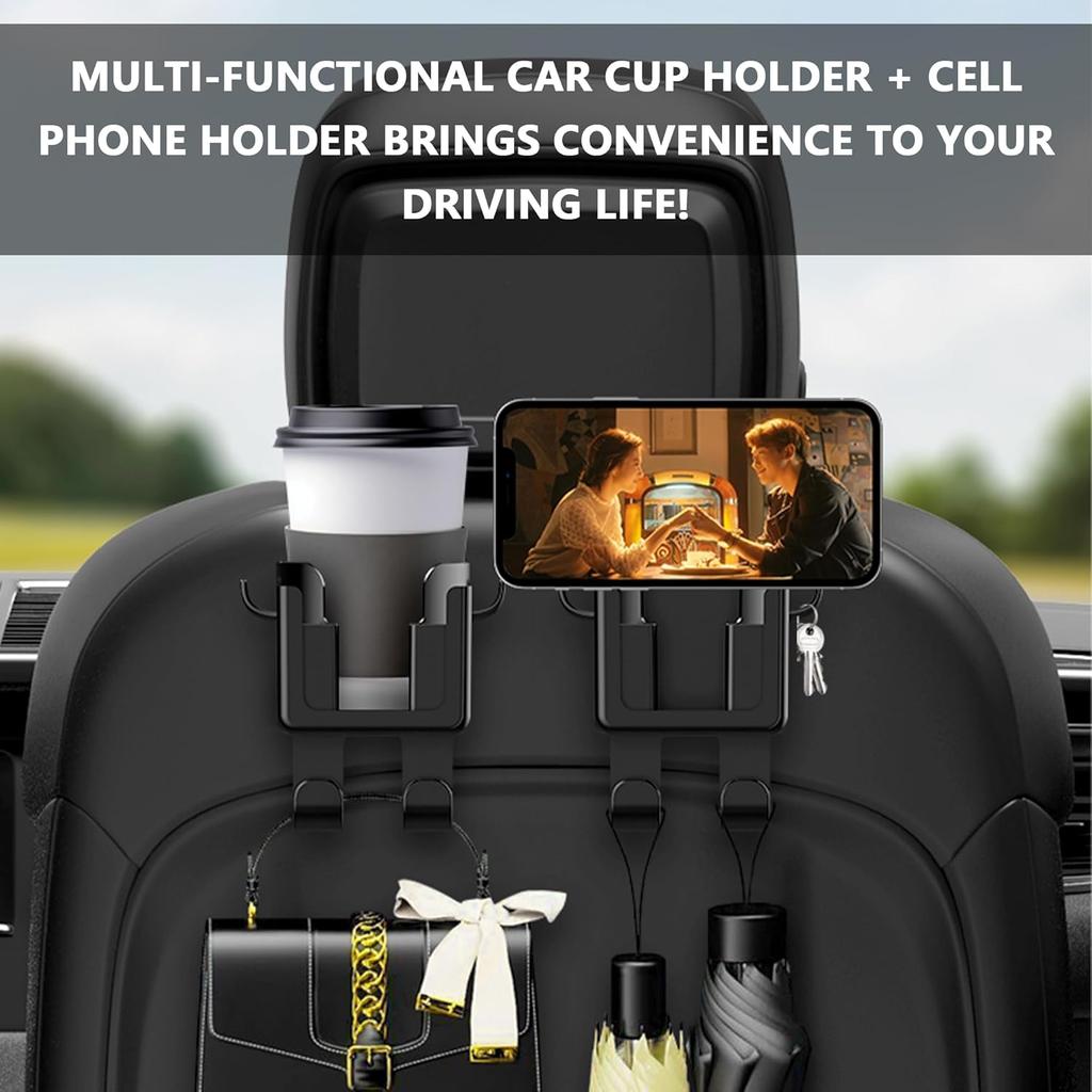 2PCS Multifunctional Car Cup Holder + Car Phone Holder + Car Purse Hook,Hanging Back Seat Car Organizer With Headrest Hooks,Universal Car Organizer
