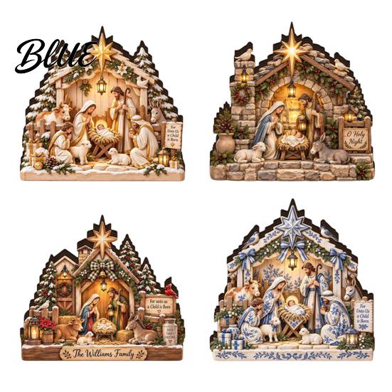 Rustic Farmhouse Christmas Decor Nativity Scene Table Decoration with LED Light 2D Flat Wooden Tabletop Sign Decorations Light Up Tiered Tray