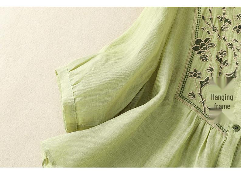 2025 Women's Retro Linen Shirt: Elegant Stand Collar, Single-Breasted, Embroidered Design