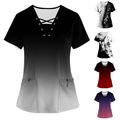 Top de Manga Corta Estampado con Cuello en V para Mujer Uniforme de Trabajo Camisa con Bolsillo Top para Cuidadora