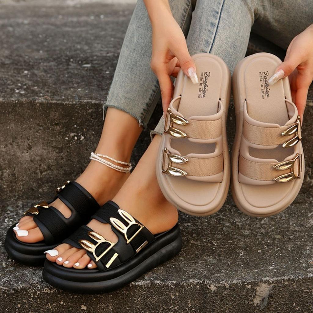 Mode 2024 Neue Sommer-Slipper-Stil Bequem Dicksohlig Verschleißfest Sexy Gürtelschnalle Außenbekleidung Strand-Flip-Flops Sandalen Schuh