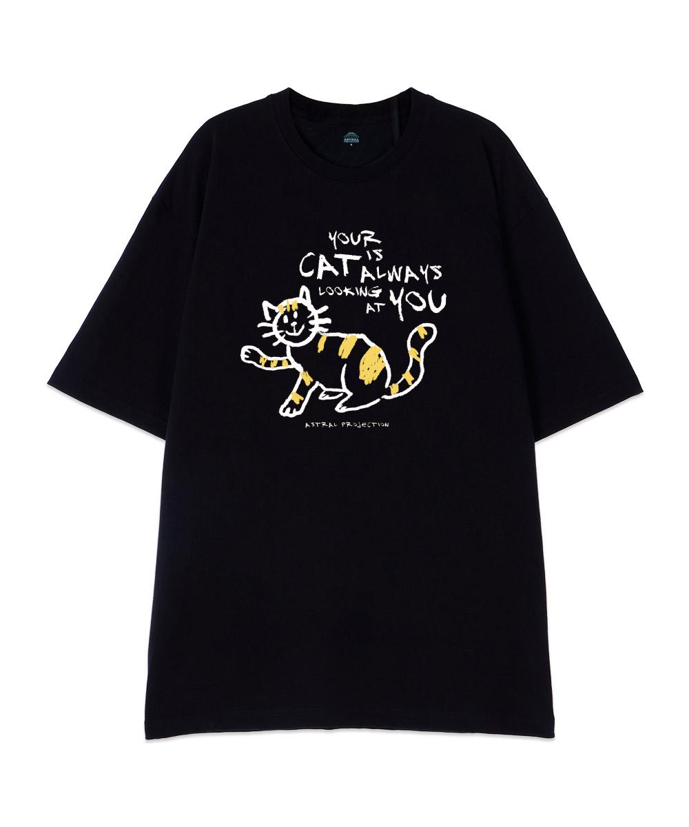 Astral Projection [Oversized] Doodle Cat 13-Count Cotton Round Neck Short Sleeve T-Shirt_Black L