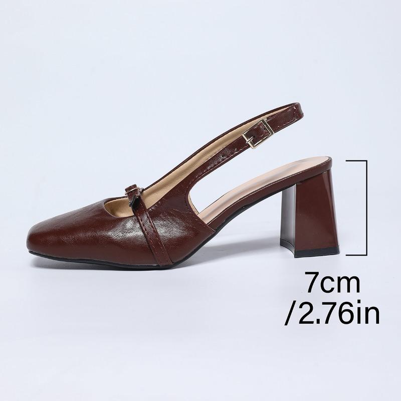 

Лето 2025 Новинка Женские Слингбэки Туфли на Высоком Каблуке Элегантный Квадратный Носок Ремешок с Пряжкой Массивный Каблук Лодочки для Больших Размеров Платье Сандалии 36 коричневый