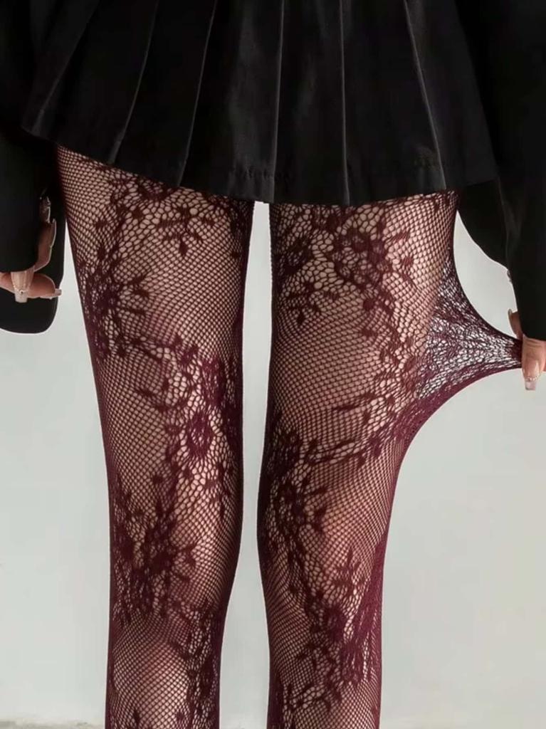 Damen Burgunderrot Rose Netzstrümpfe Hohe Elastizität Bequem Retro Chic Netzstrumpfhosen Für Stilvolle Streetwear Shopping