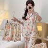 Color Ink Painting Cloud Cotton Pajamas Women'S Short-Sleeved Three-Piece Set, Small Goldfish Jacquard Loungewear