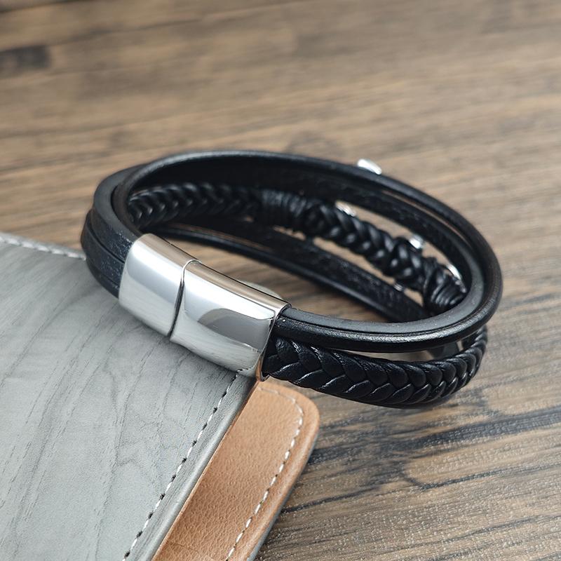 Punk Arrow Entanglement Design Men Jewelry Leather Braided Bracelets Stainless Steel Black Bracelets Fashion Male Bangle