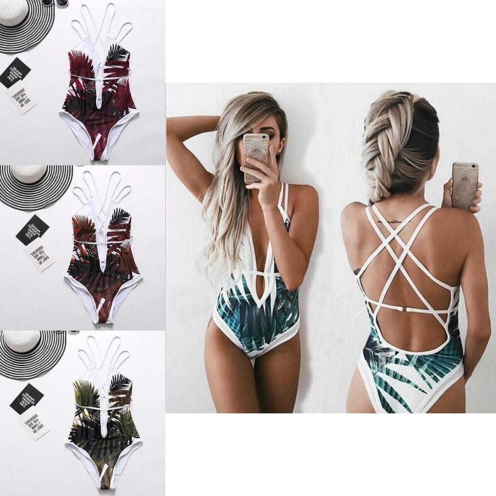 Damen Eleganter Floralprint Tiefes V-Ausschnitt Rückenfrei Bandage Badeanzug Einteiler