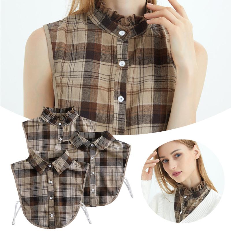 1Pc Fake Collar Leisure Travel Maillard Elegant Checkered Various Tops Shirt Lining Sweater Inner Layer Brown Tones