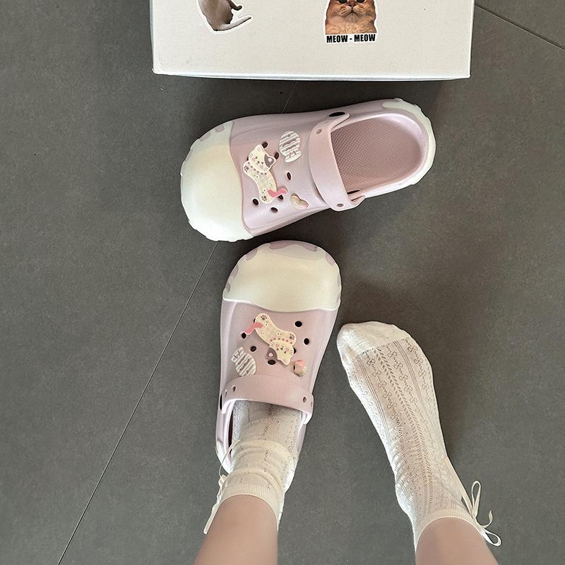 [BRSO] Cute cartoon sweet kitten two wear hole shoes, women wear thick-soled heightening beach sandals