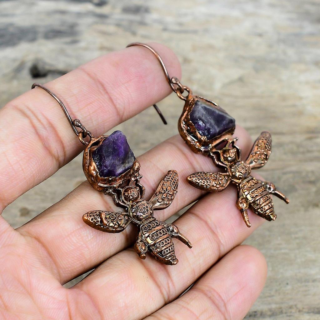 African Amethyst Rough Earring Electroformed Copper Earrings Honey Bee Earring Handmade Jewelry Wedding Gifts Very Pretty Gemstone Earrings