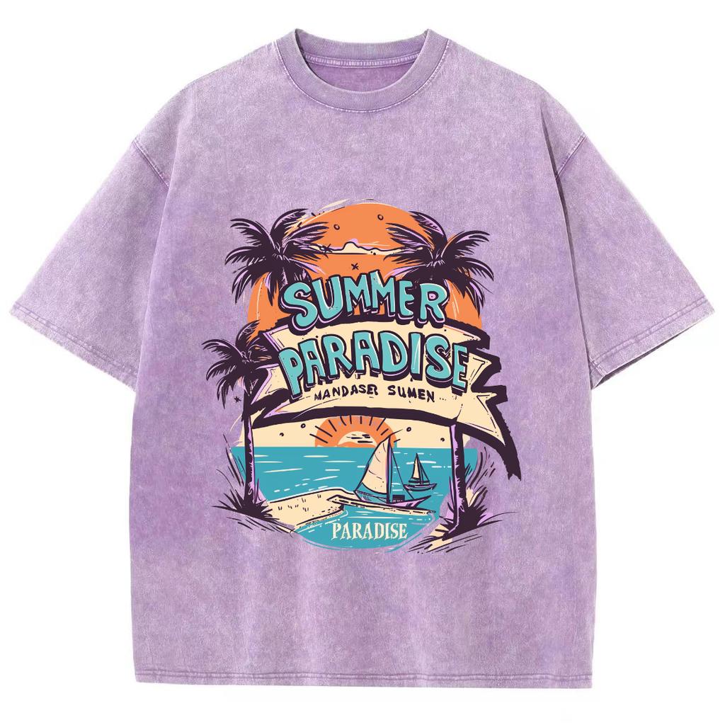 American Vintage Kokospalmenstrand-Print Damen T-Shirt Unisex Übergroß Locker Waschung Kurzarm Basic Oberteil T-Shirt