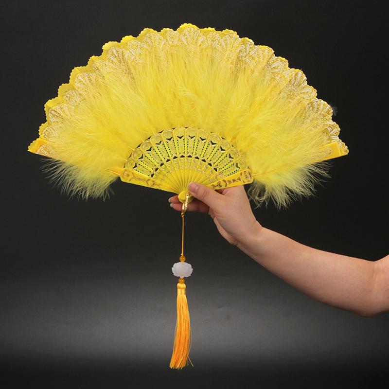 Lolita Feather Folding Fan Japanese Sweet Fairy Girl Dark Gothic Court Dance Hand Fan With Pendant Gift Wedding Party Decoration