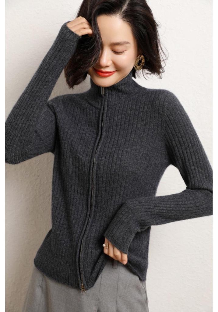 Women's Slim Fit Cashmere Zipper Cardigan – Autumn/Winter Korean Style Knit Sweater with Drawstring