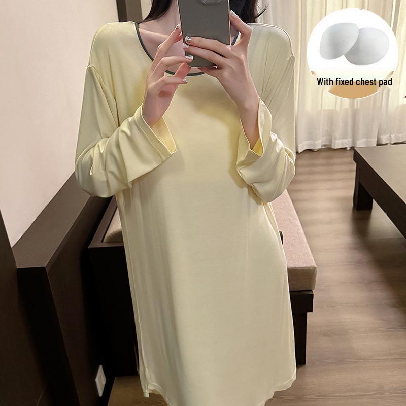 Übergröße Modal Viskose Nachthemd mit Brustpolstern für Frühling und Herbst