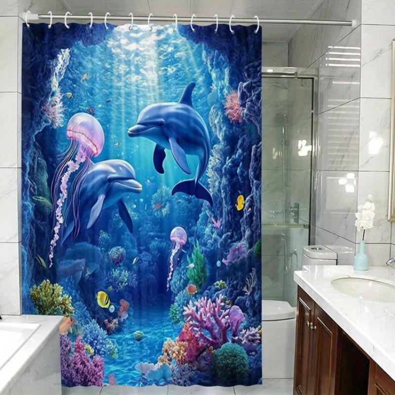 1pc Shower Curtain - Enchanted Underwater Scene with Dolphins, Jellyfish, and Colorful Coral Reef Design Waterproof