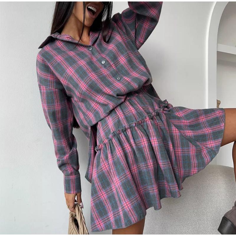 Loose Plaid Long Sleeve Shirt and Half Skirt Set Women's Versatile Turn-down Collar Wide Waist Belt 2025 Spring New