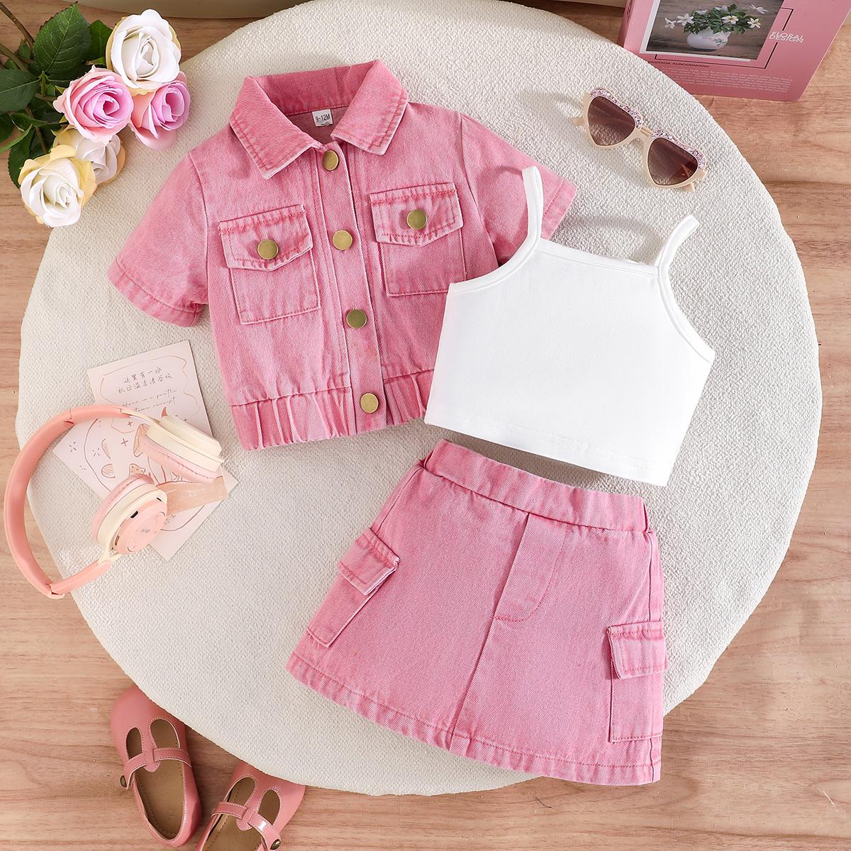 

3PCS Girls Denim Jacket & Skirt Set with Basic Cami Top, Short Sleeve Casual Outfit 4Y амаранту рожевого кольору