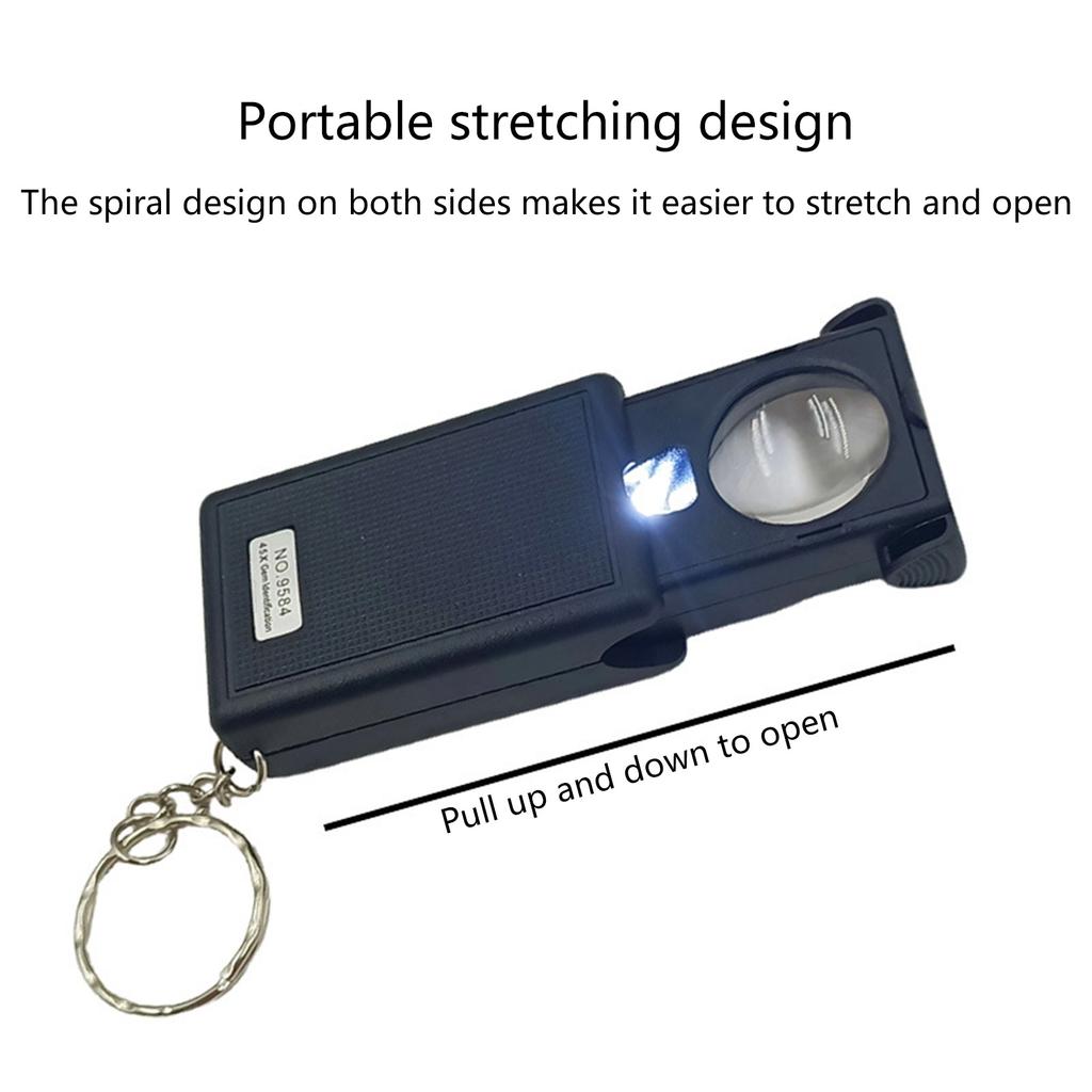 LED Illuminating Magnifier Lens 45X Magnification Portable Size Featuring Keychain For Easy Carrying And Fine Viewing